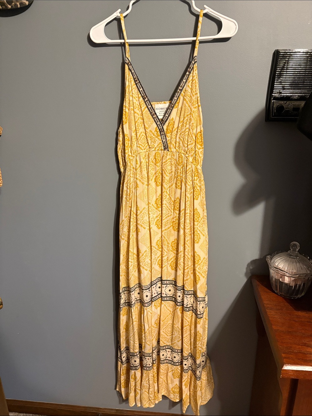 Boheme Yellow Printed Maxi Dress with Black Trim